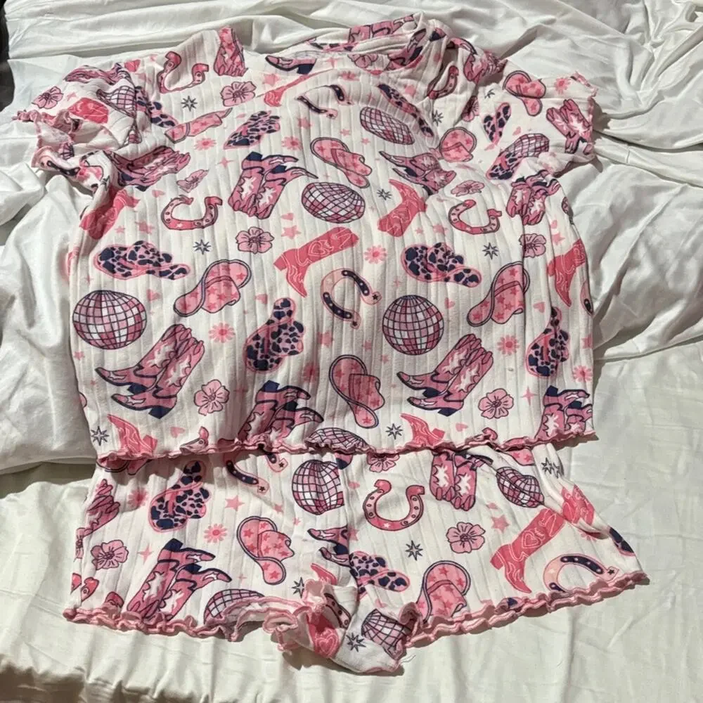 Tahari 10/12 Pink preppy disco ball cowboy hats boots Patterned Pajama Set euc